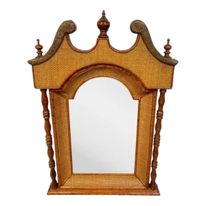 Late 20th Century British Colonial Tradewinds Rattan & Copper Grandfathers Clock Bonnet Mirror