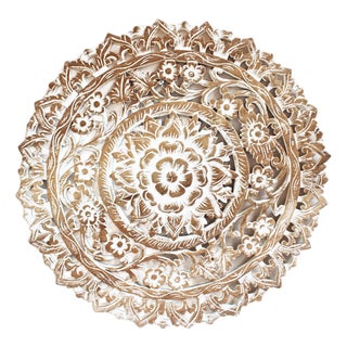 Vintage White Wash Carved Boho Medallion Wall Panel 24" For Sale