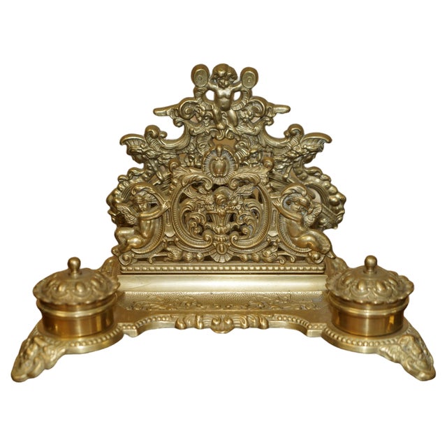 French Baroque Repousse Gilt Brass Inkwell Letter Stand with Cherubs, 1900s For Sale