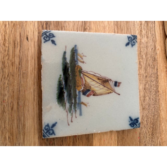 Rustic European Rescued Vintage 1974 Set of Eight (8) Hand Painted Dutch Delft Polychrome Tiles Sailing Ships For Sale - Image 3 of 9