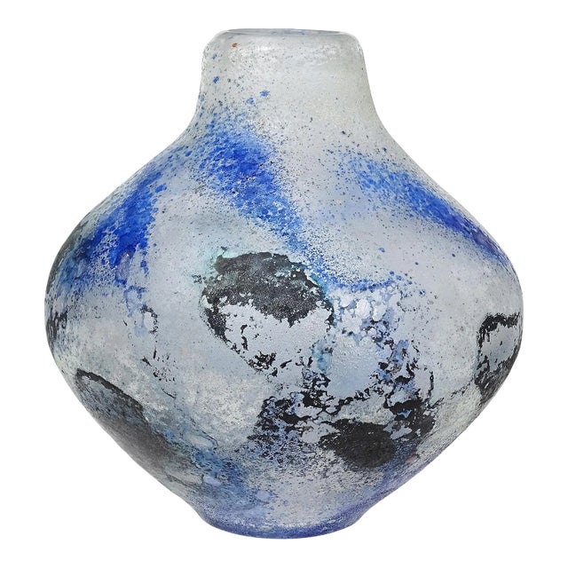 Murano Seguso Arte Vetro Vintage Blue Black Abstract Scavo Surface Texture Italian Art Glass Flower Vase For Sale