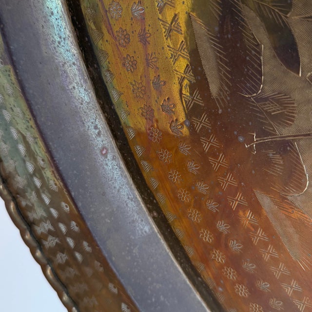 Persian Mid-Century Oversized Hand-Engraved Brass Tray With Birds & Animal Motifs For Sale - Image 3 of 9