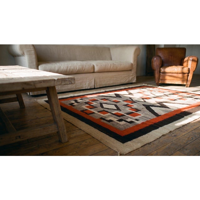 1930s Gray Diamond Antique American Navajo Rug 4' X 5'8" Flat Weave Wool Carpet For Sale - Image 9 of 11