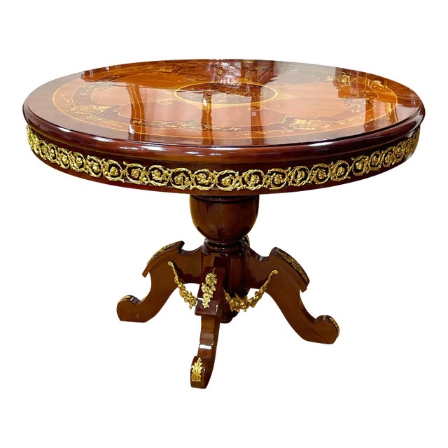 Luxury French Round Dining Table – Rich Wood Finish With Ornate Gilded Ornament For Sale
