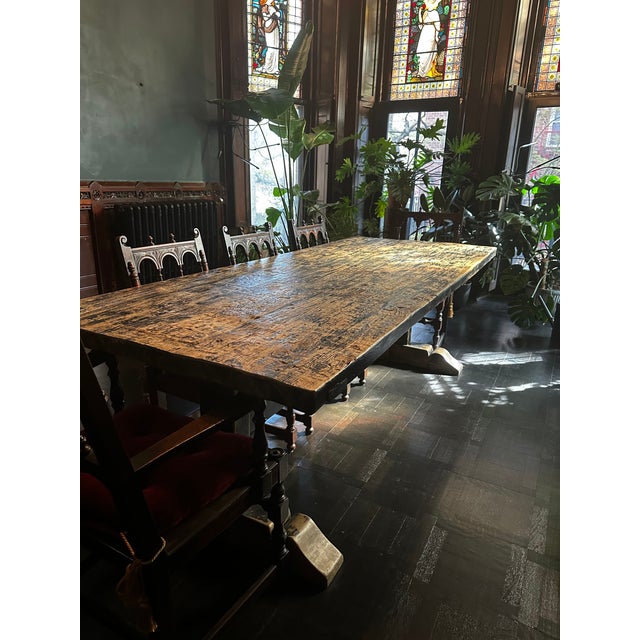 Gothic Monumental Antique Reclaimed Wood Trestle Dining Table – Hand-Hewn For Sale - Image 3 of 9