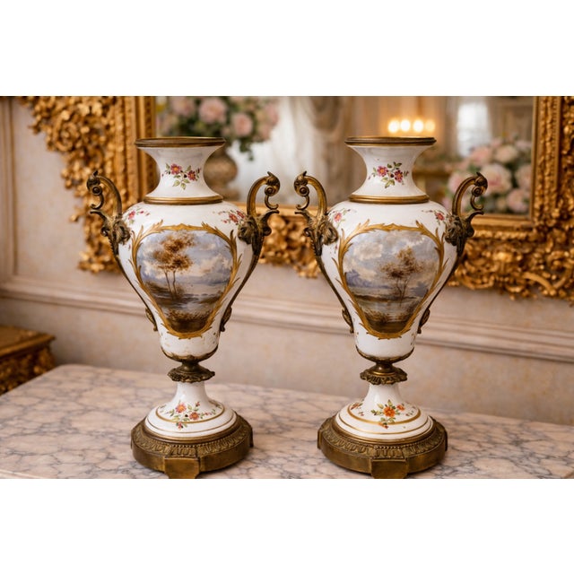 19th Sevres Louis XVI Gilt Porcelain Bronze Vases Pair For Sale - Image 14 of 18