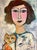 Delightful portrait of a young woman holding her cat by self-taught US artist Ruth Arenz. Paint on wood, signed on recto,...
