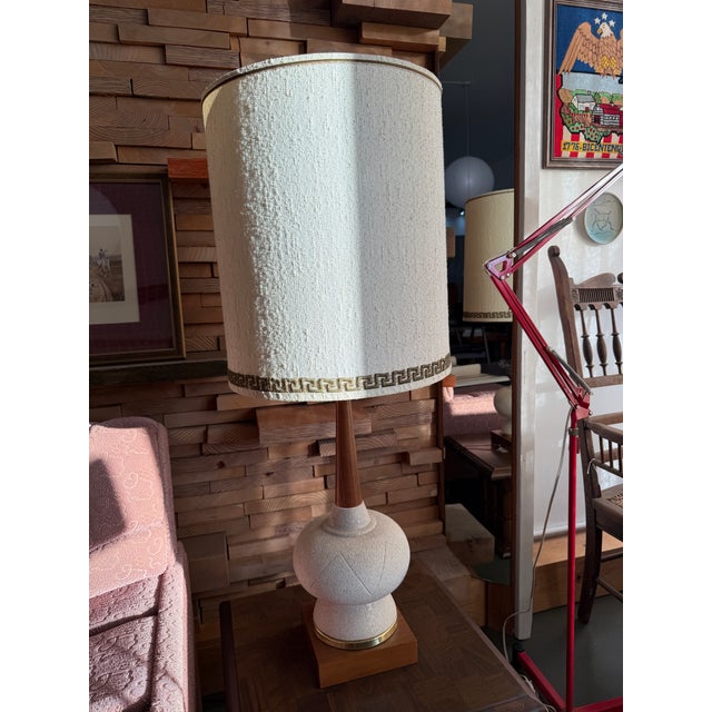1960s Mid-Century Modern Textured Ceramic & Walnut Table Lamps With Original Tall Drum Shades - Pair For Sale In Chicago - Image 6 of 12