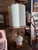 1960s Mid-Century Modern Textured Ceramic & Walnut Table Lamps With Original Tall Drum Shades - Pair For Sale In Chicago - Image 6 of 12