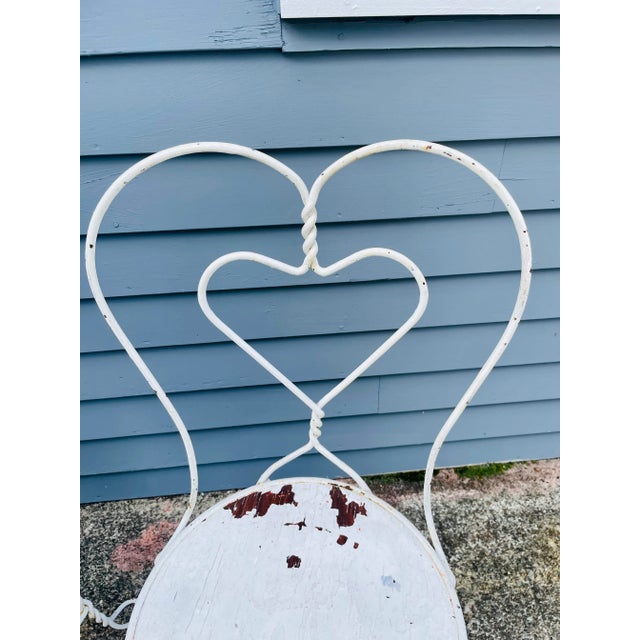 Metal A Pair of Vintage Twisted Iron Heart Back Ice Cream Chairs For Sale - Image 7 of 13