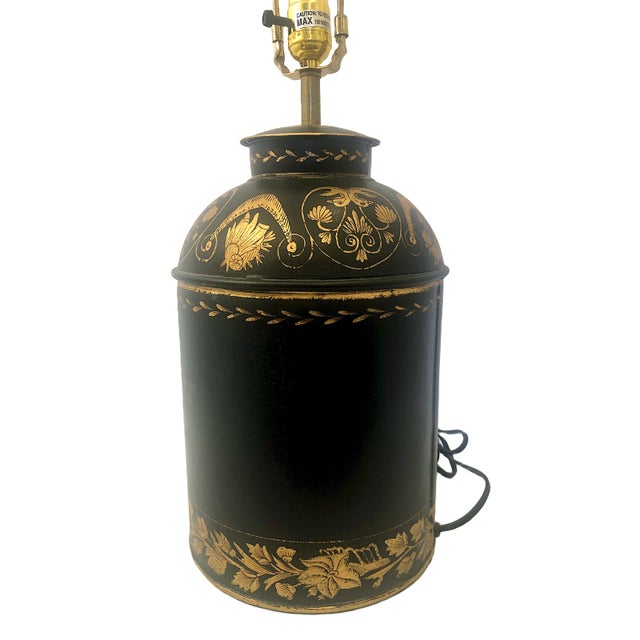 Pair of Antique Tole Brown and Gilt Decorated Tea Canisters as 20th-Century Lamps For Sale - Image 12 of 13