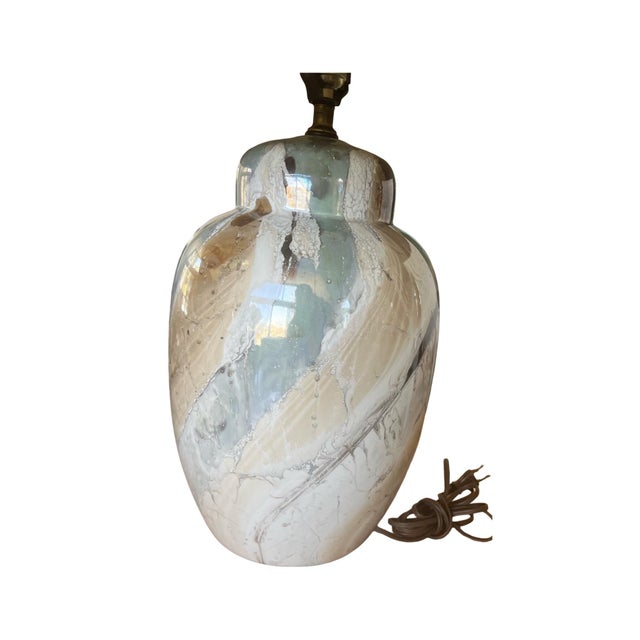 Vintage Mid Century Modern Pair of 1970s Postmodern Ceramic Table Lamps Shades Faux Marble For Sale - Image 4 of 8