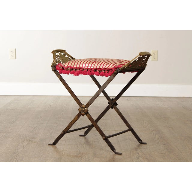 1920s Art Deco Period Wrought Iron & Brass X Base Bench For Sale - Image 4 of 13