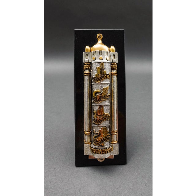 Frank Meisler Judiaca 12 Tribes Rotating Mezuzah Case Sculpture On Marble Stand. Measures approximately 2 1/4" long, 2...