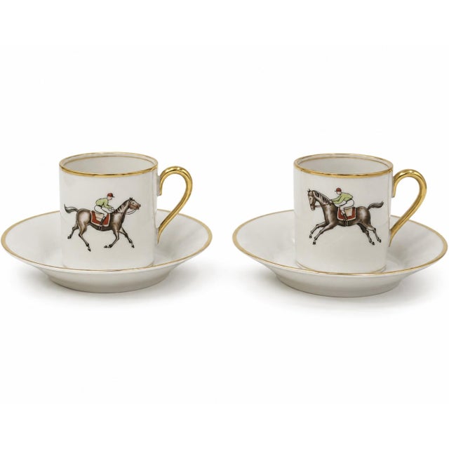 Ceramic Pair Vintage Hertel Jacob Bavaria Equestrian Demitasse Cups Saucers Germany For Sale - Image 7 of 12