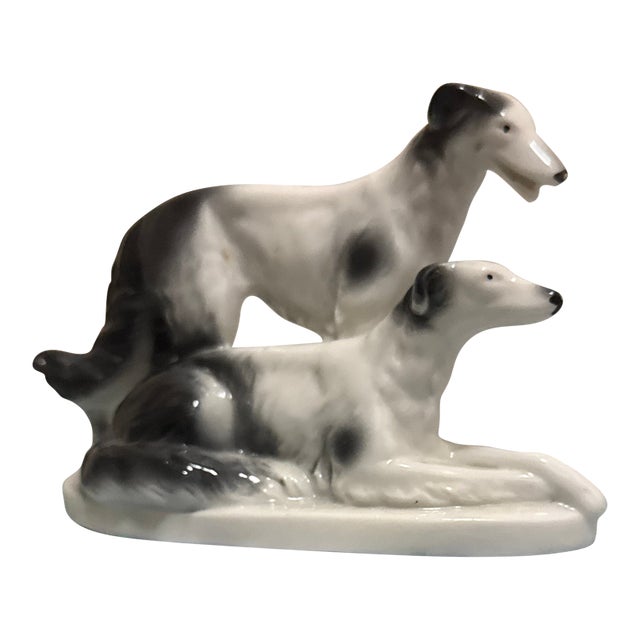 Vintage Porcelain Borzoi Russian Wolfhound Dog Figurine - Black & White For Sale