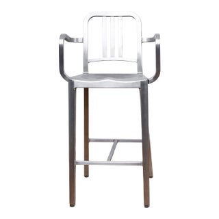 1990s Emeco Brushed Aluminum Counter Stool With Arms For Sale