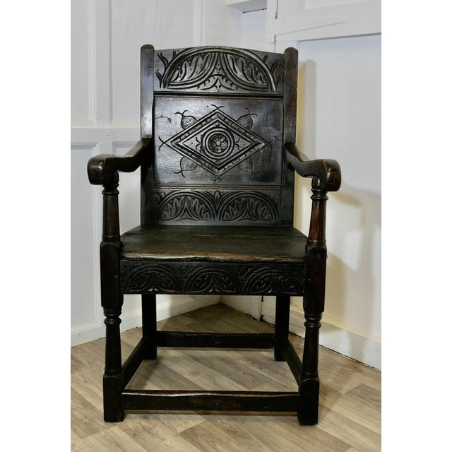 18th Century Oak Wainscot Chair, Hall Chair This Handsome Chair, has carving to the back rest, a magnificent patina apart...