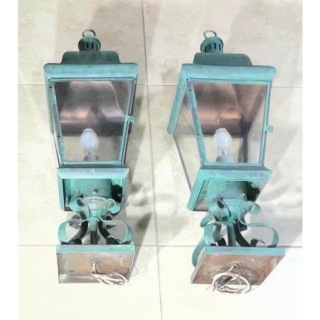 American Pair of Vintage Solid Brass Post Lanterns. 27”h X 8”.5 X 8”.5 For Sale - Image 3 of 16