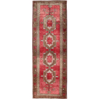 Vintage Turkish Oushak Medallion Runner in Soft Red, Lt. Blue, Cream 3'6 X 10' For Sale