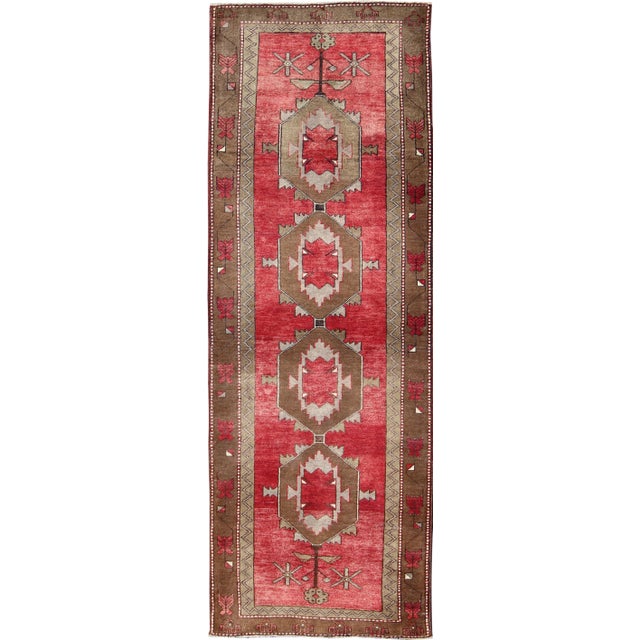 Vintage Turkish Oushak Medallion Runner in Soft Red, Lt. Blue, Cream 3'6 X 10' For Sale