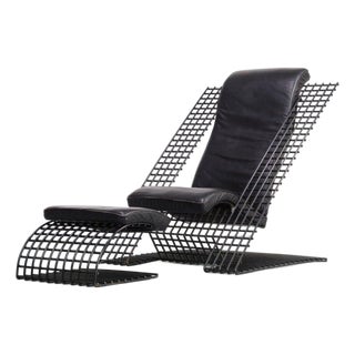 80s Postmodern Leather Cantilever Wire Lounge Chair & Ottoman For Sale