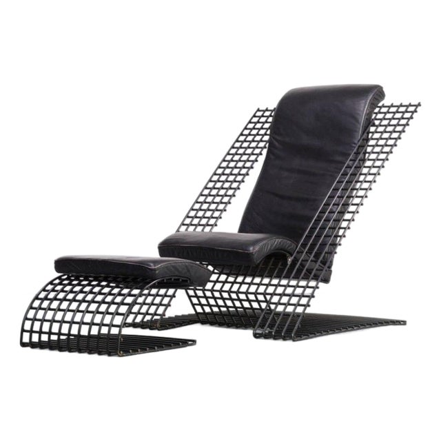 80s Postmodern Leather Cantilever Wire Lounge Chair & Ottoman For Sale