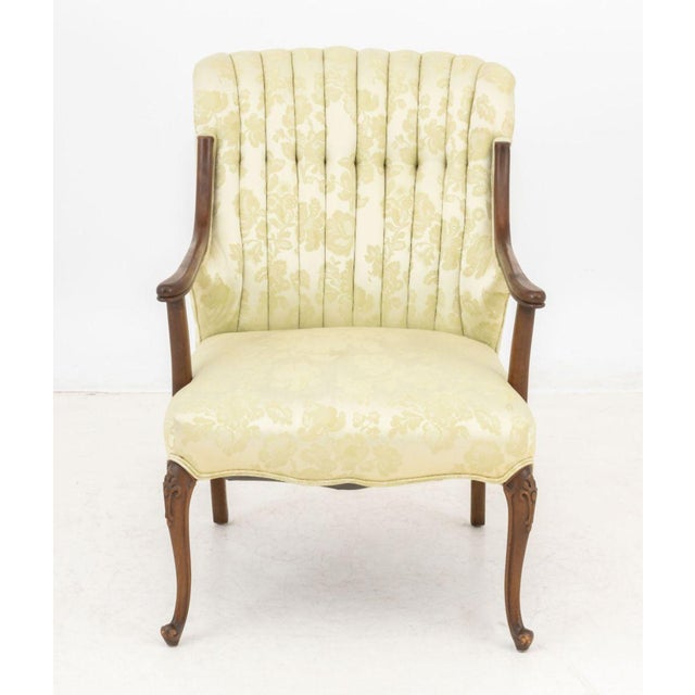 Queen Anne Style Sage Green Silk Upholstered Arm Chair, with channel-back and carved cabriole legs. 35" H x 25" W x 36" D;...