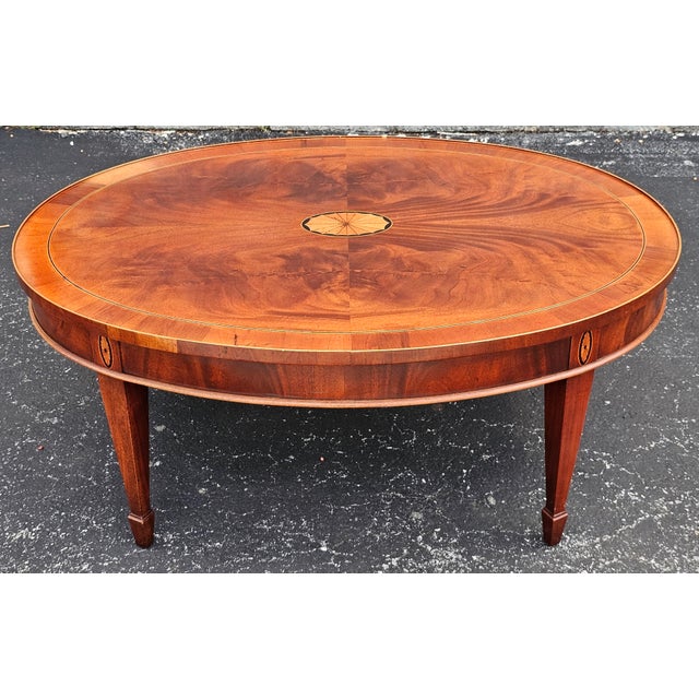Brown Hekman Copley Place Mahogany and Yew Inlaid Oval Coffee Table For Sale - Image 8 of 12