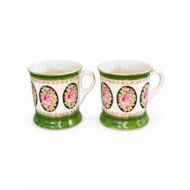 Bottle Green Antique German Floral Mugs With Pink Roses and Green Bands — Pair For Sale - Image 8 of 8