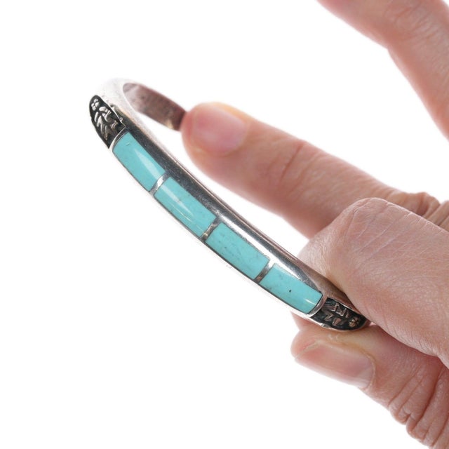 Contemporary 6.25" Vintage Zuni silver and turquoise channel inlay bracelet For Sale - Image 3 of 10