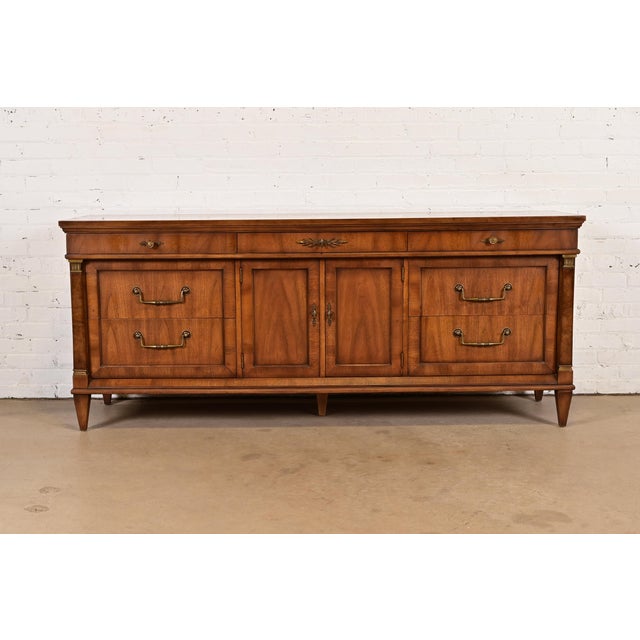 French Regency Louis XVI Carved Walnut Long Dresser or Credenza by Metz, 1960s For Sale - Image 16 of 16