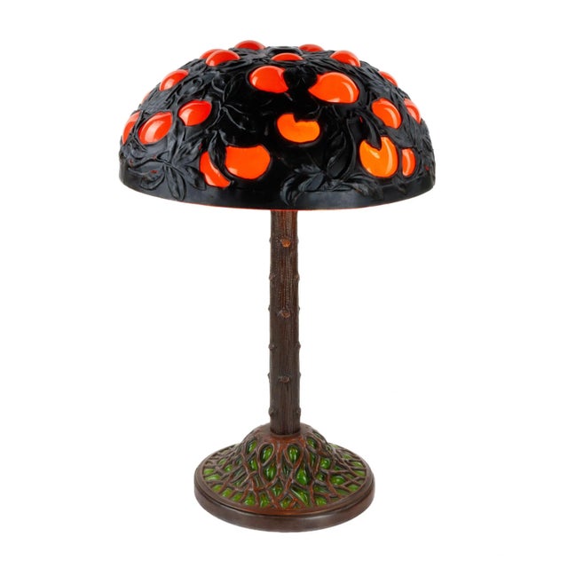 Table lamp in Tiffany style. Orange tree. Probably Bohemia. Glass, copper plated and bronze. Through base as a root system...