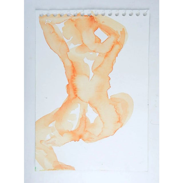 Vintage late 20th century watercolor on paper abstract nude study in apricot. Unsigned. Unframed, sketchbook perforations...
