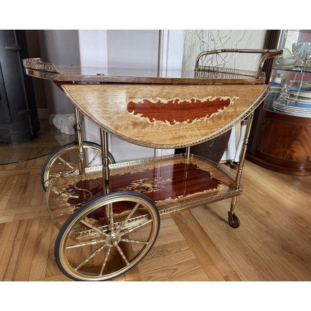 Vintage Brass and Marquetry Bar Cart, Italian Style Drinks Trolley with Folding Leaves, 1960s, 1970s For Sale - Image 10 of 18