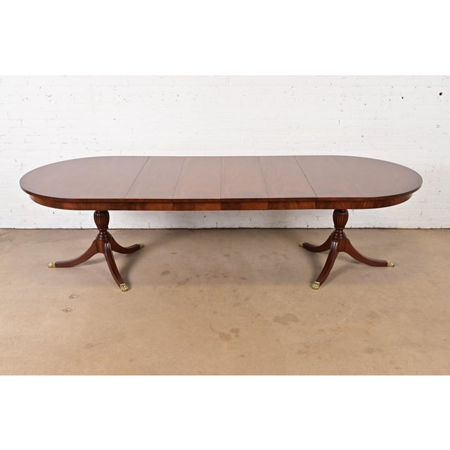 Henkel Harris Georgian Banded Mahogany Double Pedestal Extension Dining Table, Newly Refinished For Sale - Image 14 of 14