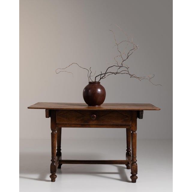 19th Century French Chestnut Brown Oak Table with Single Drawer For Sale - Image 4 of 15