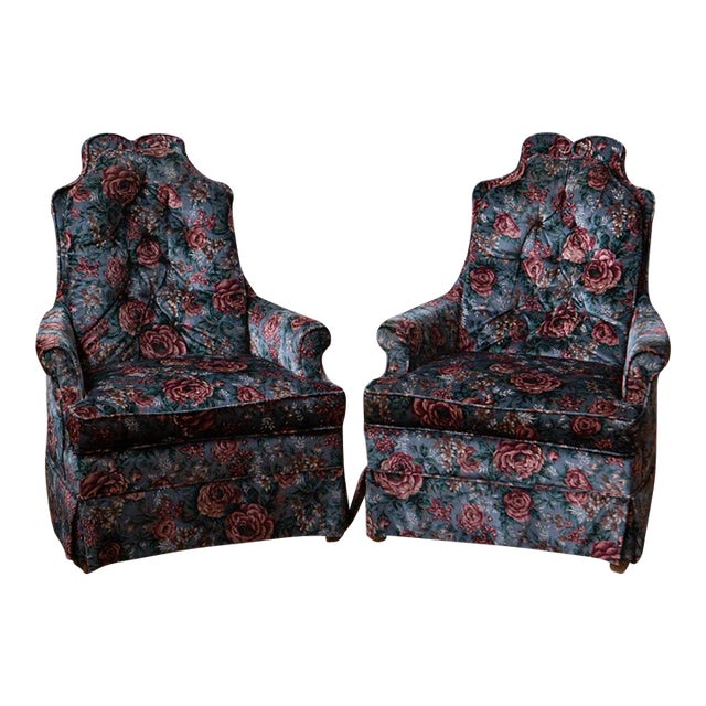 Pair of Vintage Tufted Floral Velvet High Back Chairs For Sale