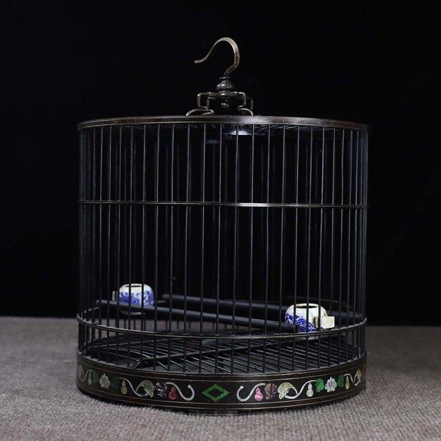Chinese Black Zitan Wood Bird Cage Inlaid With Mother-of-Pearl For Sale - Image 3 of 9