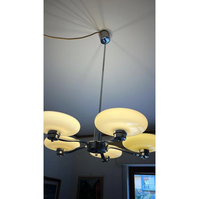 Art Deco Five-Light Pendant in Murano Glass and Steel, 1940s For Sale - Image 3 of 9