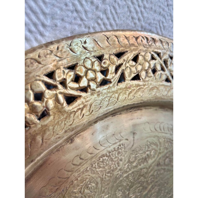 Mid 20th Century Etched Brass Round Tray With Pierced Floral Rim For Sale In New Orleans - Image 6 of 7