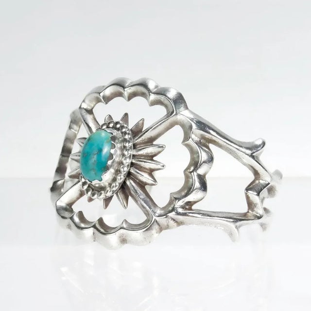 Vintage Native American Navajo Silver & Turquoise Cuff Bracelet For Sale - Image 4 of 11