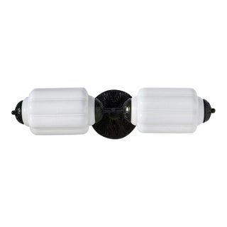 Vintage Style Double Glass Wall Sconce With Black Metal Detailing For Sale