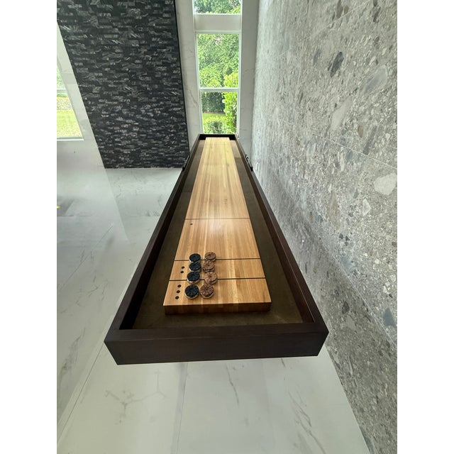 District Eight Artisanal 13’ Shuffleboard Table, Smoked Oak Frame & Cast Iron Base For Sale In West Palm - Image 6 of 13