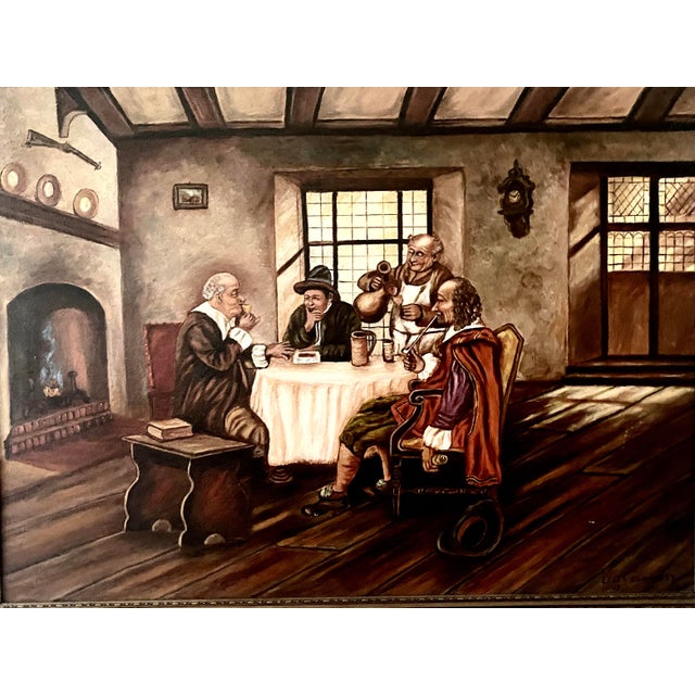 Vintage 1943 Leota Humphrey Oil Painting on Board- Antique Dutch Tavern Scene - Ornate Gold Frame. For Sale - Image 17 of 18