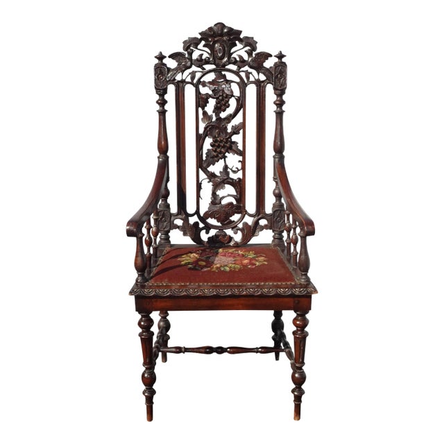 Vintage Spanish Style Highly Carved Throne Chair Needlepoint Floral Seat ~ Victorian For Sale