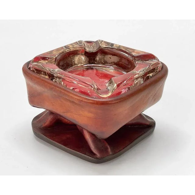 Mid-Century French Brown Leather and Glass Ashtray by Jacques Adnet, 1950s For Sale - Image 6 of 18