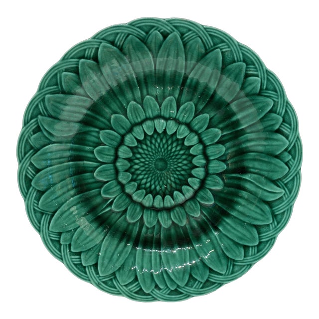 1920s French Metallica Green Plate With Sunflower Design For Sale