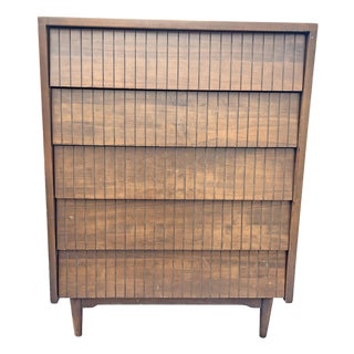 Vintage Mid Century Modern Tall Highboy Dresser in Tessellated Layered Design Chest of Drawers For Sale