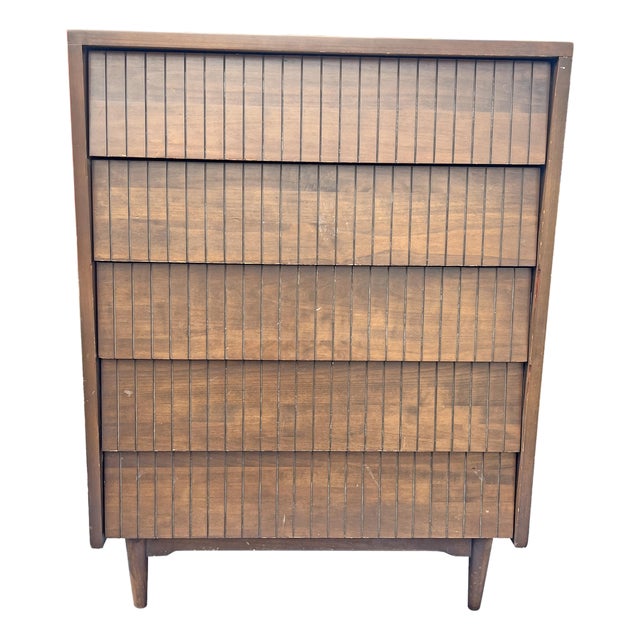 Vintage Mid Century Modern Tall Highboy Dresser in Tessellated Layered Design Chest of Drawers For Sale